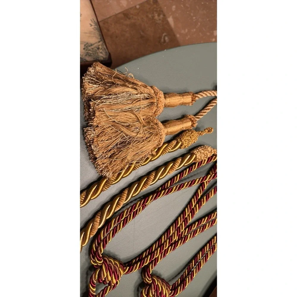 Gold & Burgundy Curtain Rope Tie-Backs with Tassels, Pack of 2